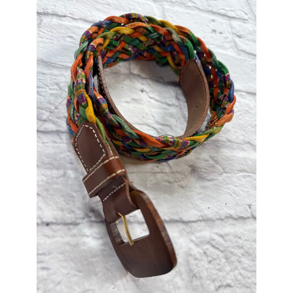 Express Braided Belt Womens Medium Multi‎ Color Leather Wood Buckle Italy
